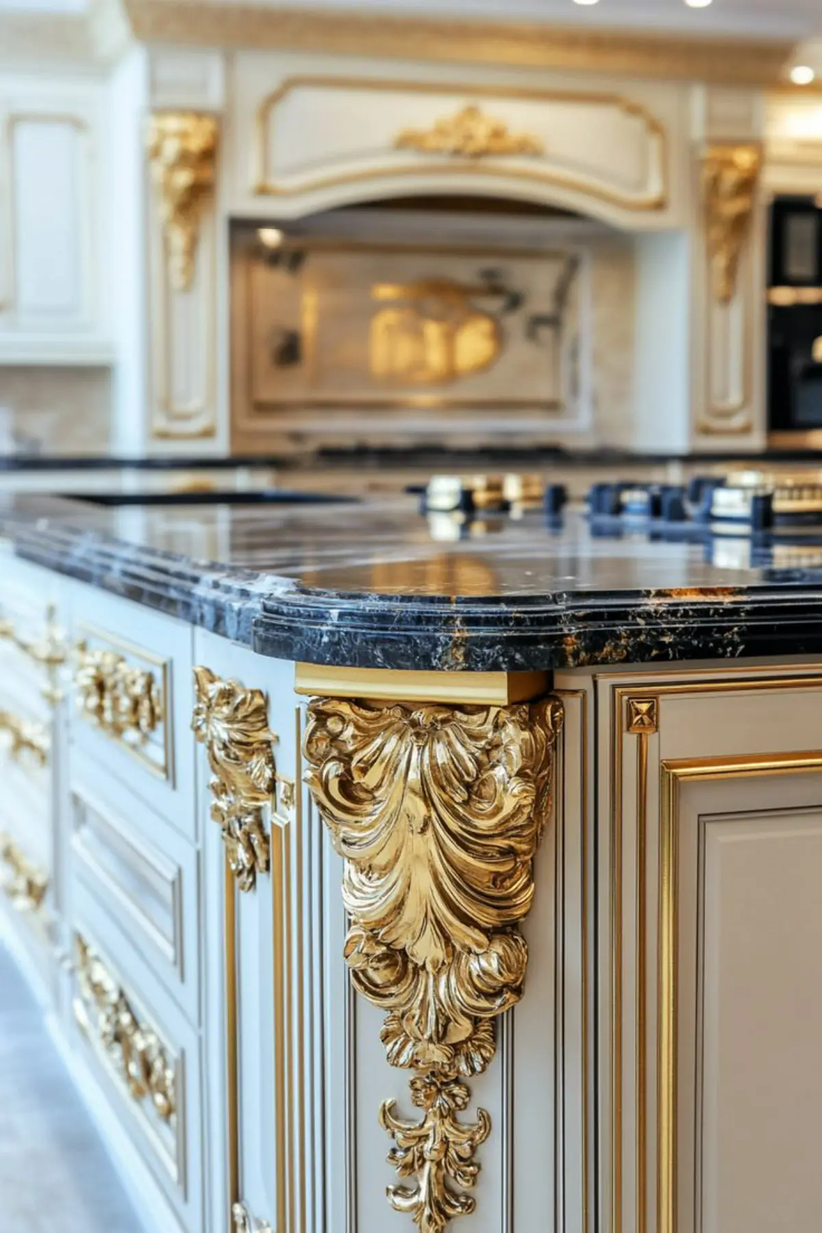 کابینت سبک کلاسیک سفید با منبت‌کاری‌های طلایی و صفحه کابینت مشکی