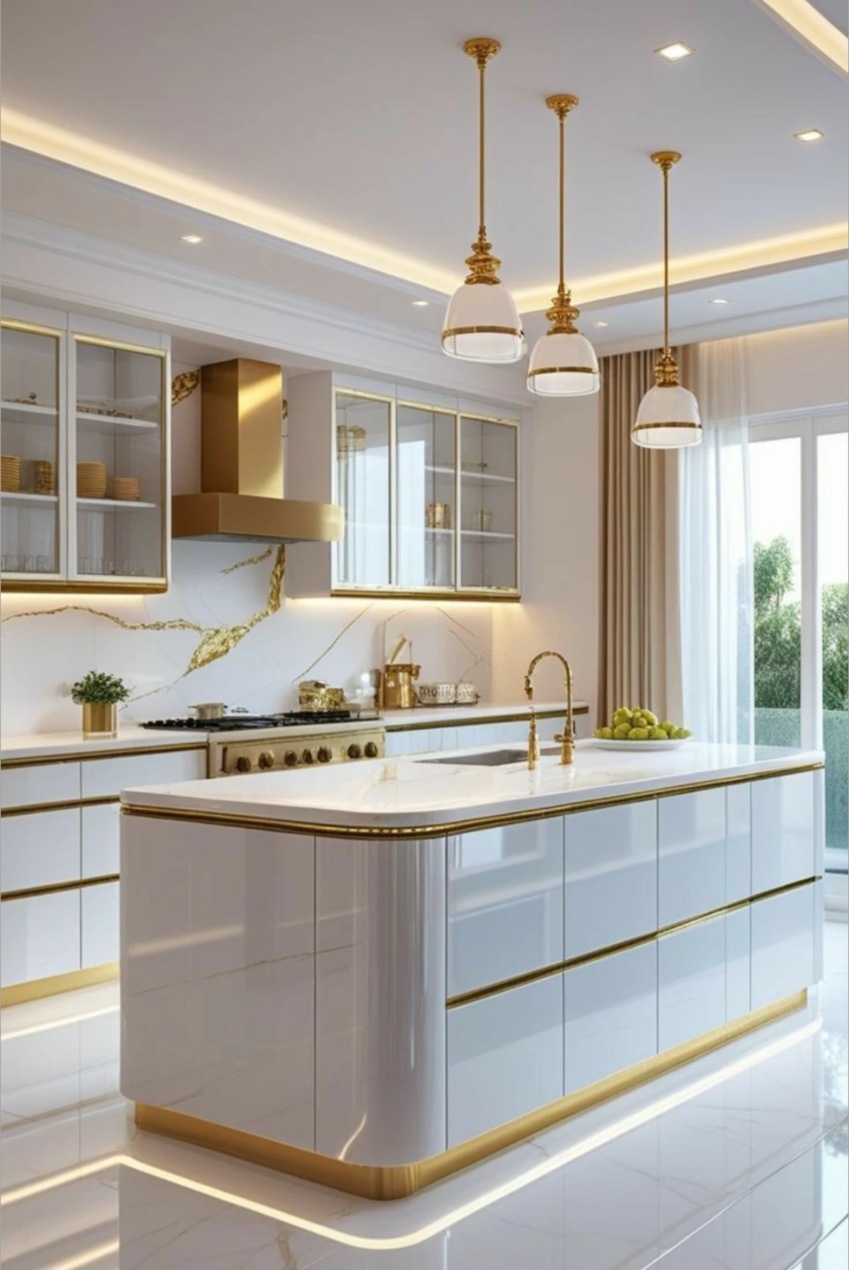 کابینت هایگلاس سفید طلایی با درب‌های چوبی و شیشه‌ای به همراه جزیره سفید طلایی