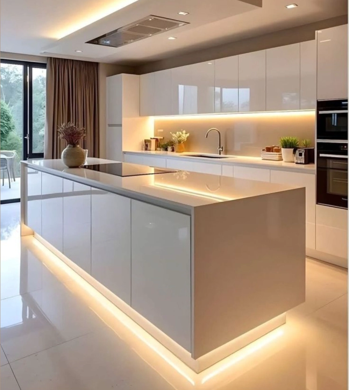 کابینت هایگلاس سفید به همراه جزیره سفید و نورپردازی