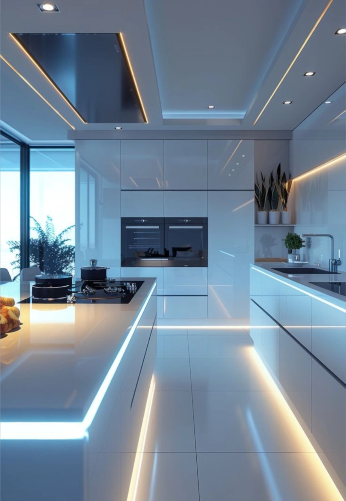 کابینت هایگلاس سفید به همراه جزیره سفید و نورپردازی