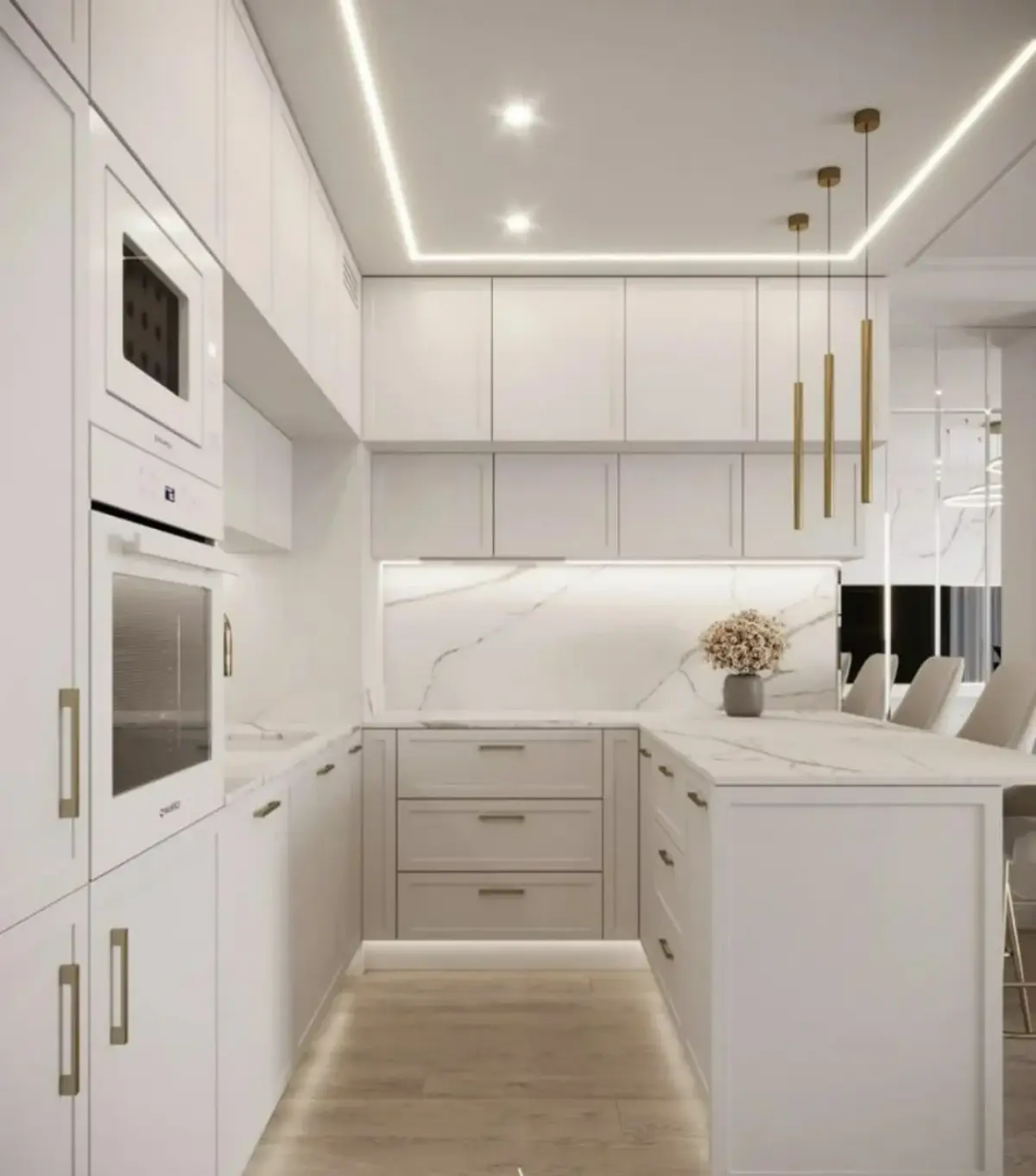 آشپزخانه با کابینت نئوکلاسیک سفید دارای قاب بندی ساده و کوچک با سطح مات و دستگیره‌های طلایی