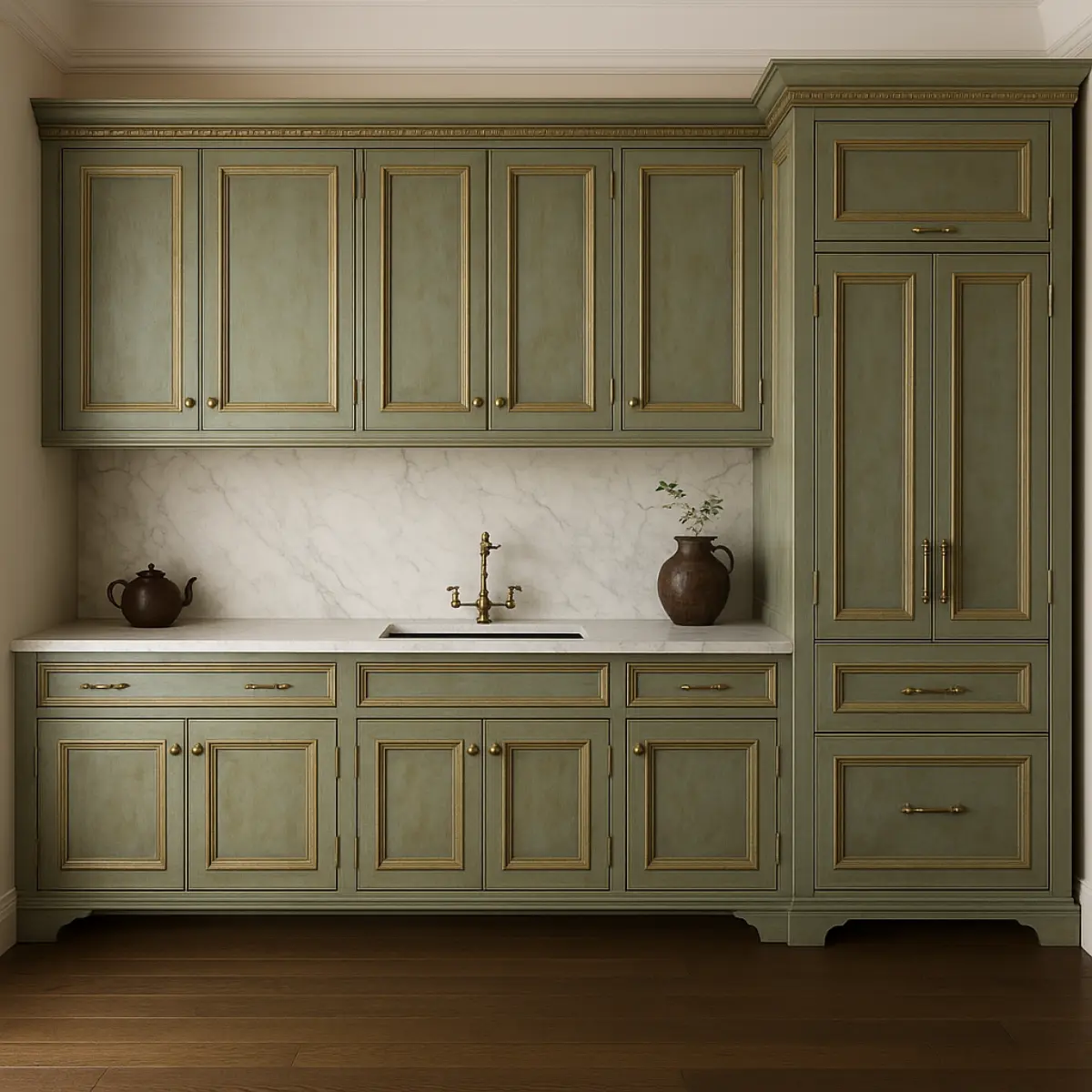 کابینت نئوکلاسیک با رنگ پتینه سبز و طلایی و صفحه کابینت سفید