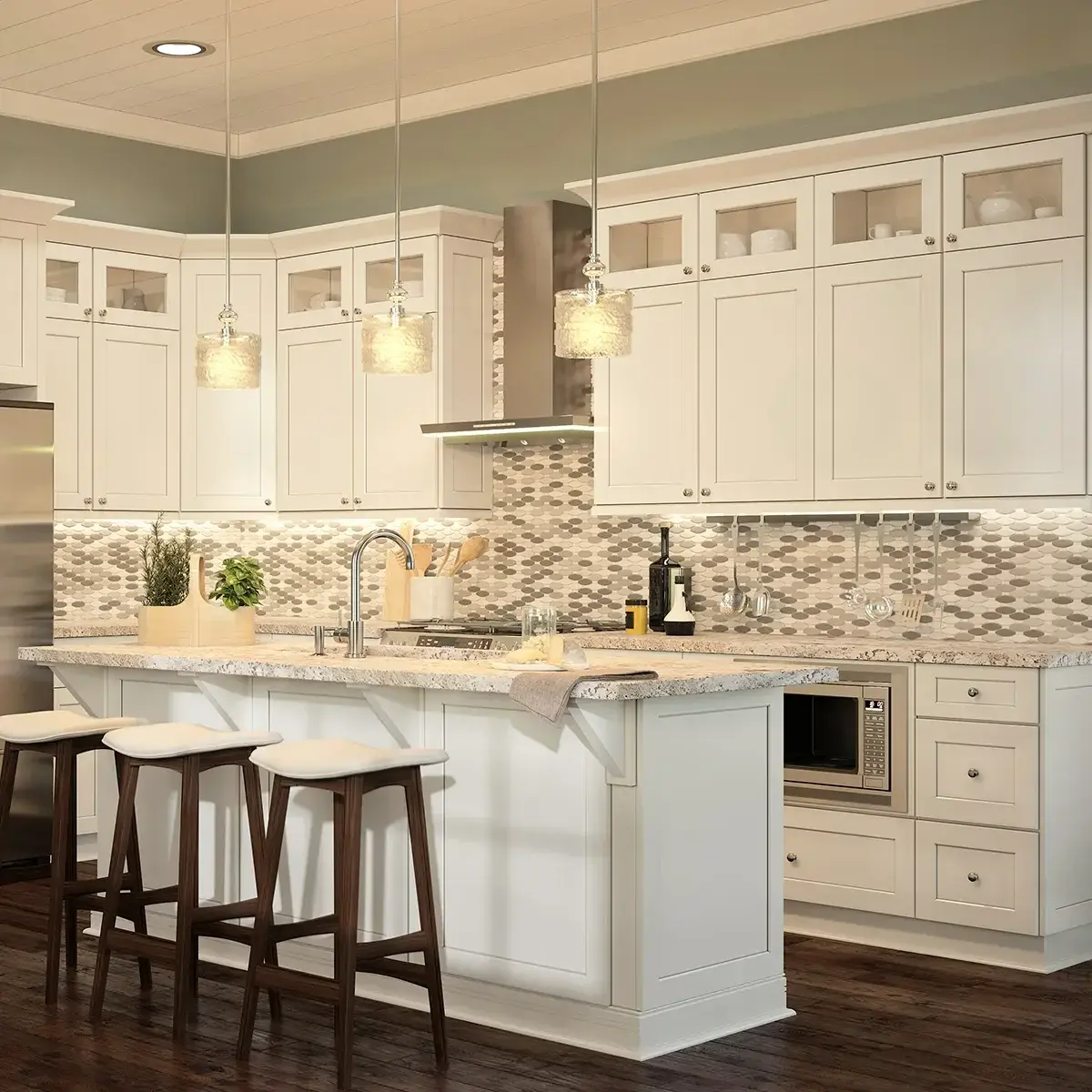کابینت سبک نئوکلاسیک به رنگ سفید با صفحه کابینتی سنگی به رنگ سفید و مشکی