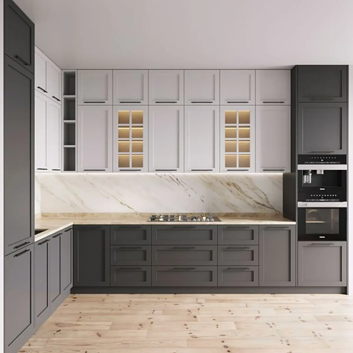 کابینت نئوکلاسیک طوسی سفید با درب ویترینی و صفحه کابینت سفید