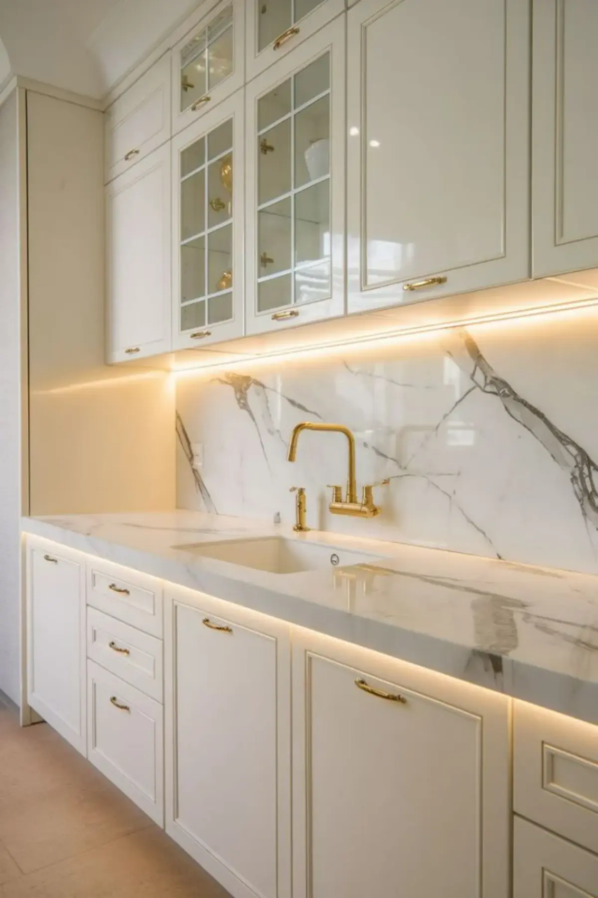 کابینت نئوکلاسیک سوپر براق به رنگ سفید صدفی با قاب بندی مینیمال و دارای مابین کابینتی سنگی