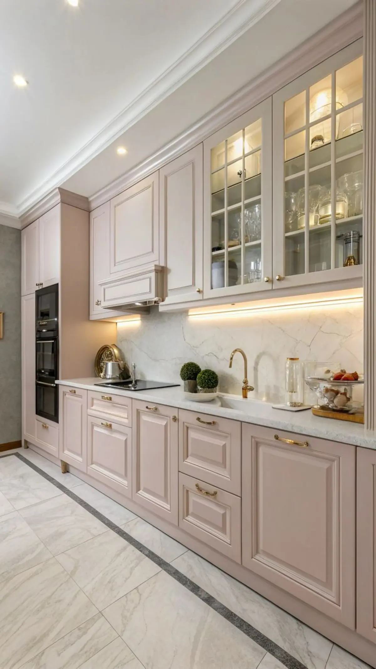 کابینت نئوکلاسیک سفید صورتی با درب ویترینی و صفحه کابینت سفید