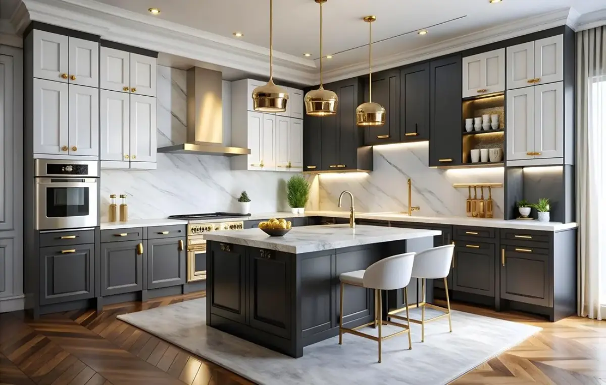 کابینت و جزیره نئوکلاسیک سفید طوسی با صفحه کابینت سفید و دستگیره طلایی