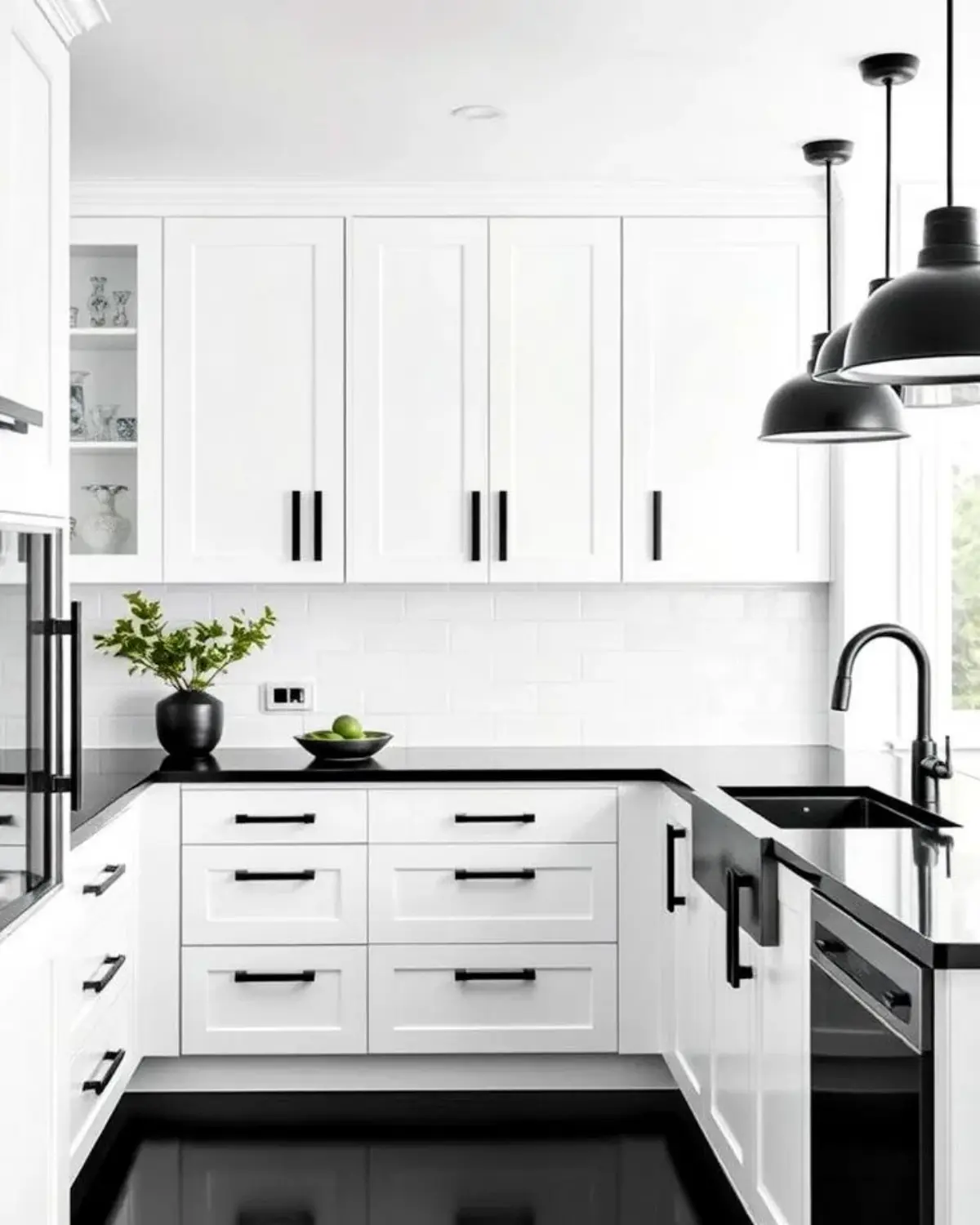 کابینت نئوکلاسیک سفید با دستگیره و صفحه کابینت مشکی