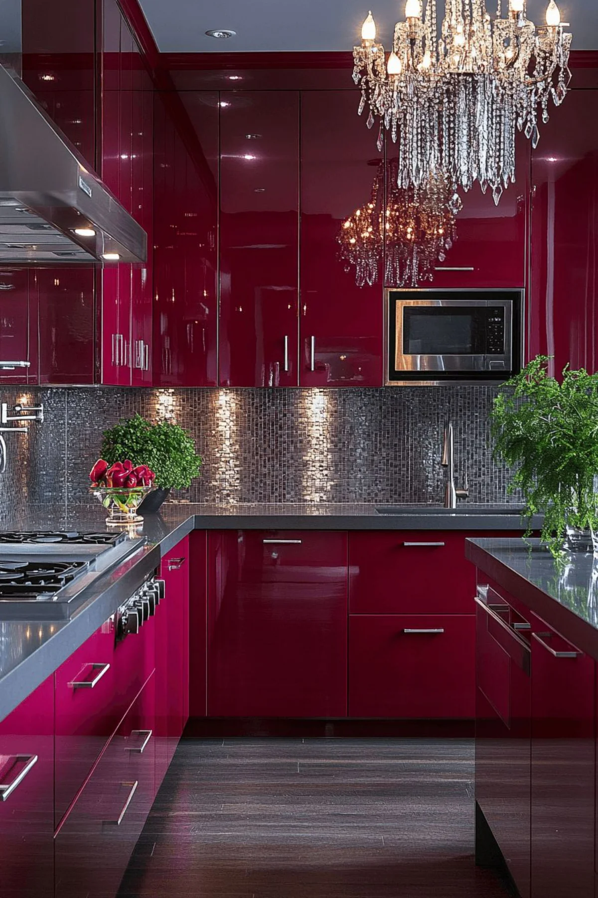 کابینت هایگلاس قرمز براق با دستگیره استیل و با جزیره