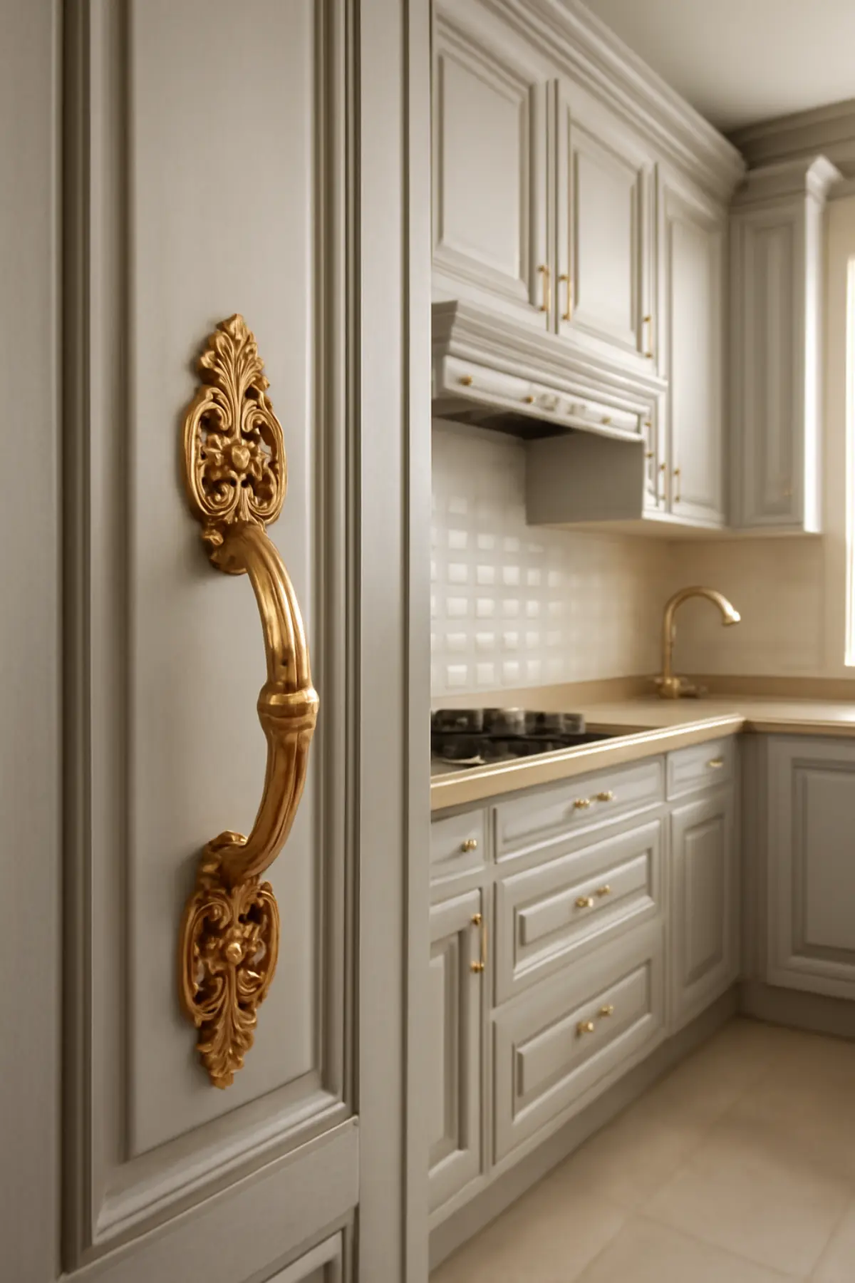 دستگیره کلاسیک طلایی برای کابینت نئوکلاسیک طوسی