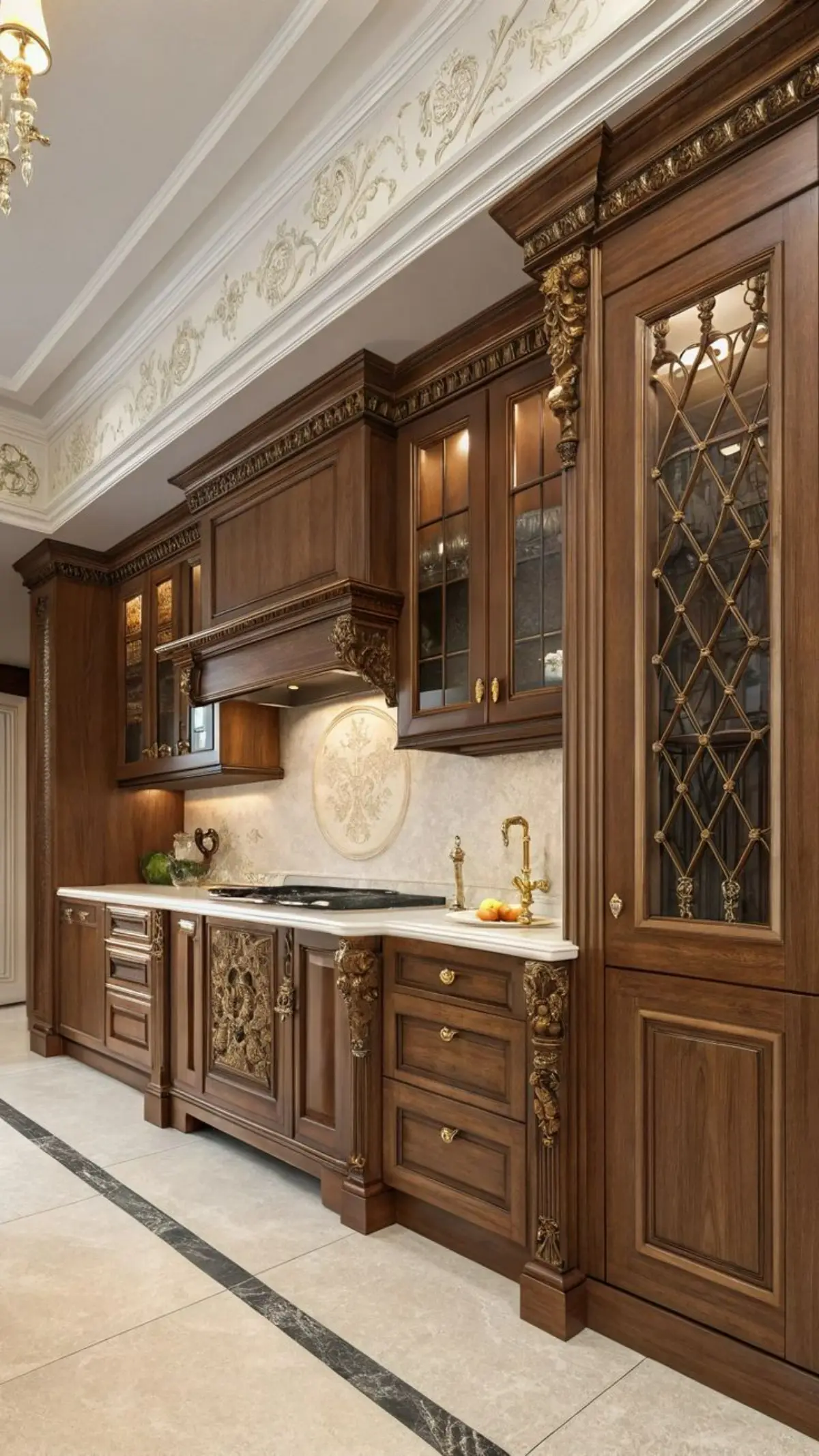 کابینت کلاسیک چوبی با کنده کاری روی تاج و ستون به رنگ قهوه‌ای تیره