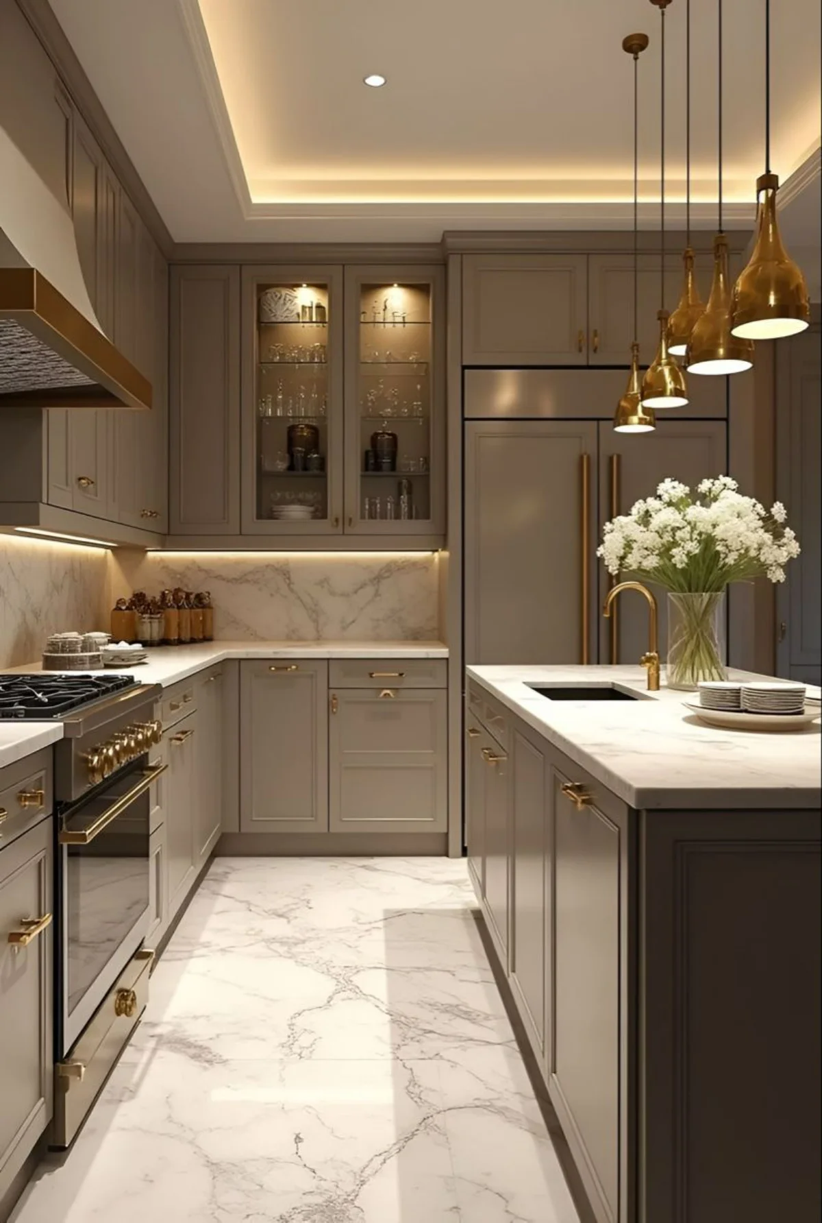 کابینت نئوکلاسیک بژ با دستگیره طلایی و درب ویترینی