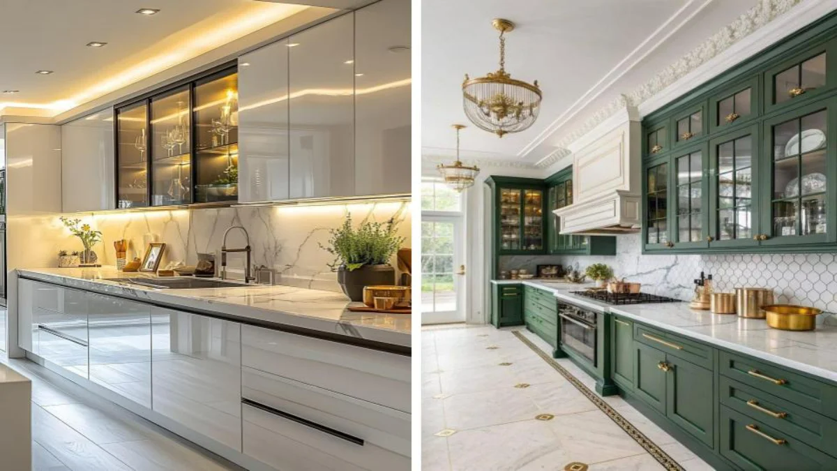 دو تصویر از کابینت هایگلاس مدرن سفید بدون دستگیره و کابینت سبز نئوکلاسیک با دستگیره طلایی