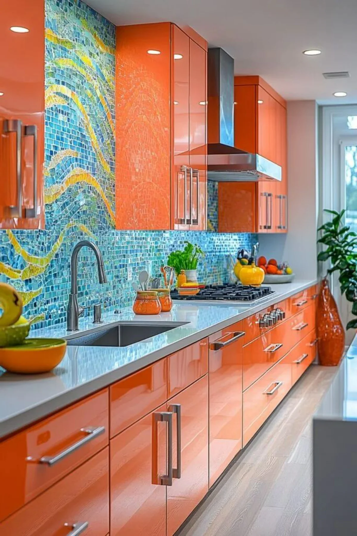 کابینت هایگلاس نارنجی براق با دستگیره استیل و بین‌کابینتی آبی آسمانی