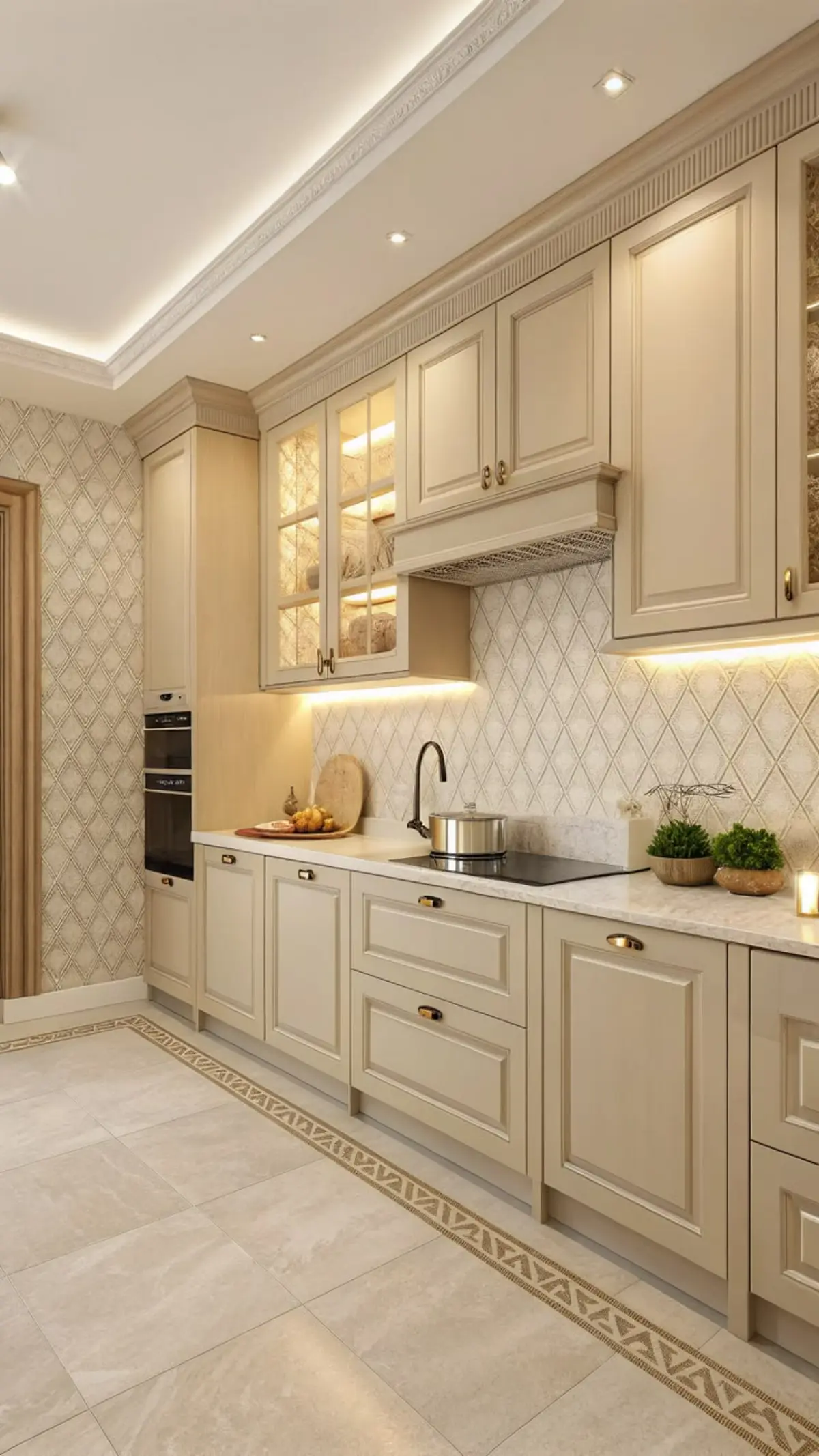 کابینت نئوکلاسیک کرم با درب ویترینی و نورپردازی مخفی
