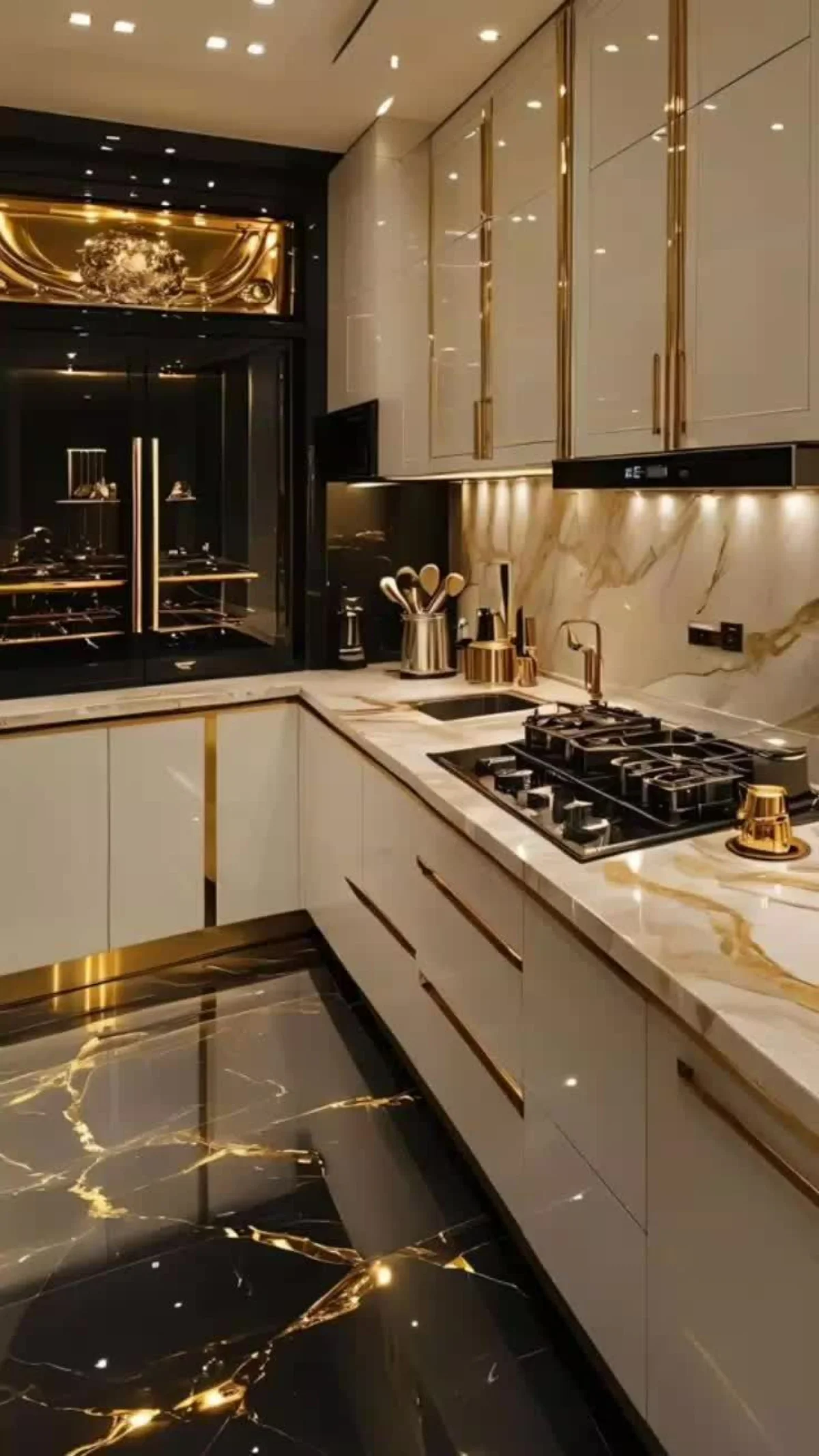 کابینت هایگلاس سفید طلایی مدرن بدون دستگیره