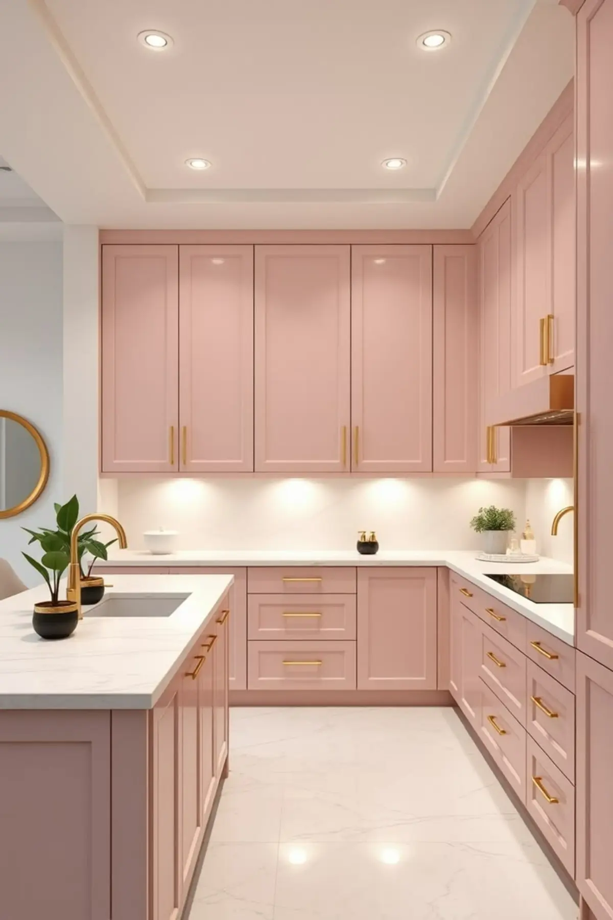 کابینت نئوکلاسیک صورتی با دستگیره طلایی و صفحه کابینت سفید