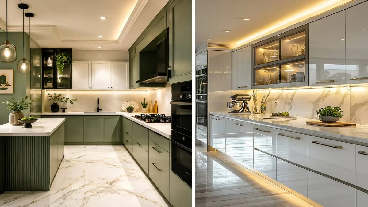 کابینت نئوکلاسیک سبز با جزیره و کابینت مدرن سفید هایگلاس