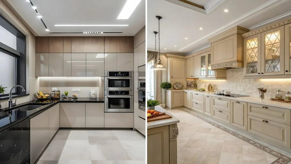 کابینت نئوکلاسیک کرم با درب ویترینی و کابینت مدرن براق کرم