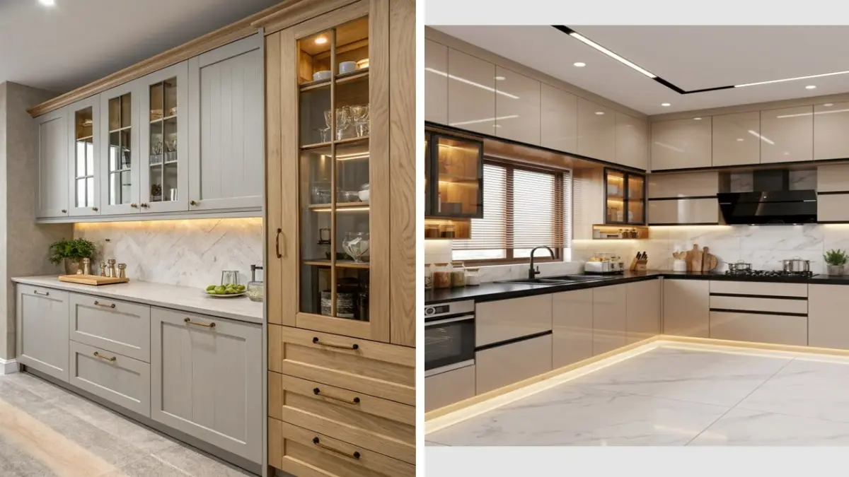 کابینت نئوکلاسیک سفید قهوه‌ای و کابینت هایگلاس براق کرم