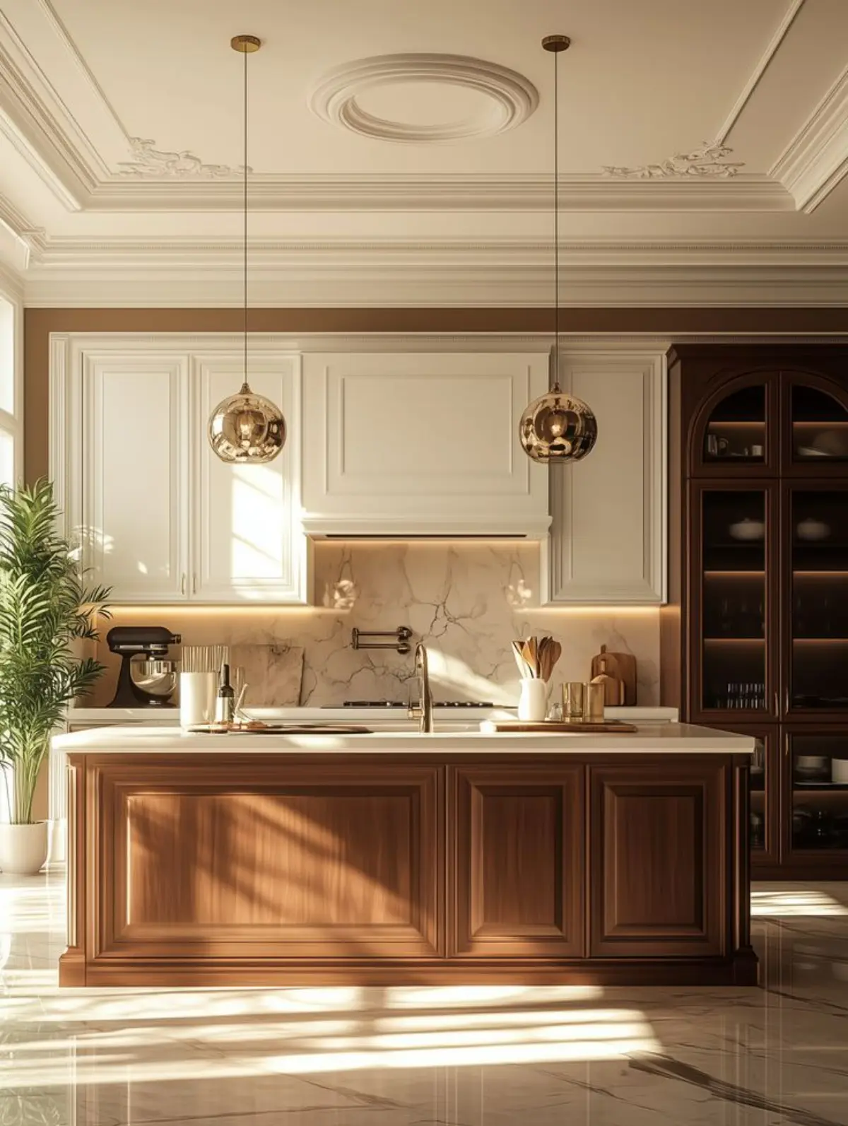 کابینت و جزیره نئوکلاسیک سفید چوبی بدون دستگیره