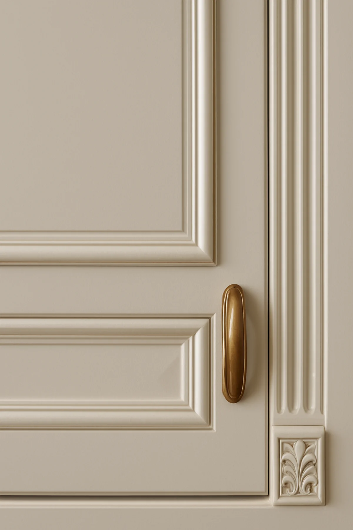 تصویر نزدیک از ابزارخوردگی و جزئیات کابینت نئوکلاسیک با دستگیره طلایی
