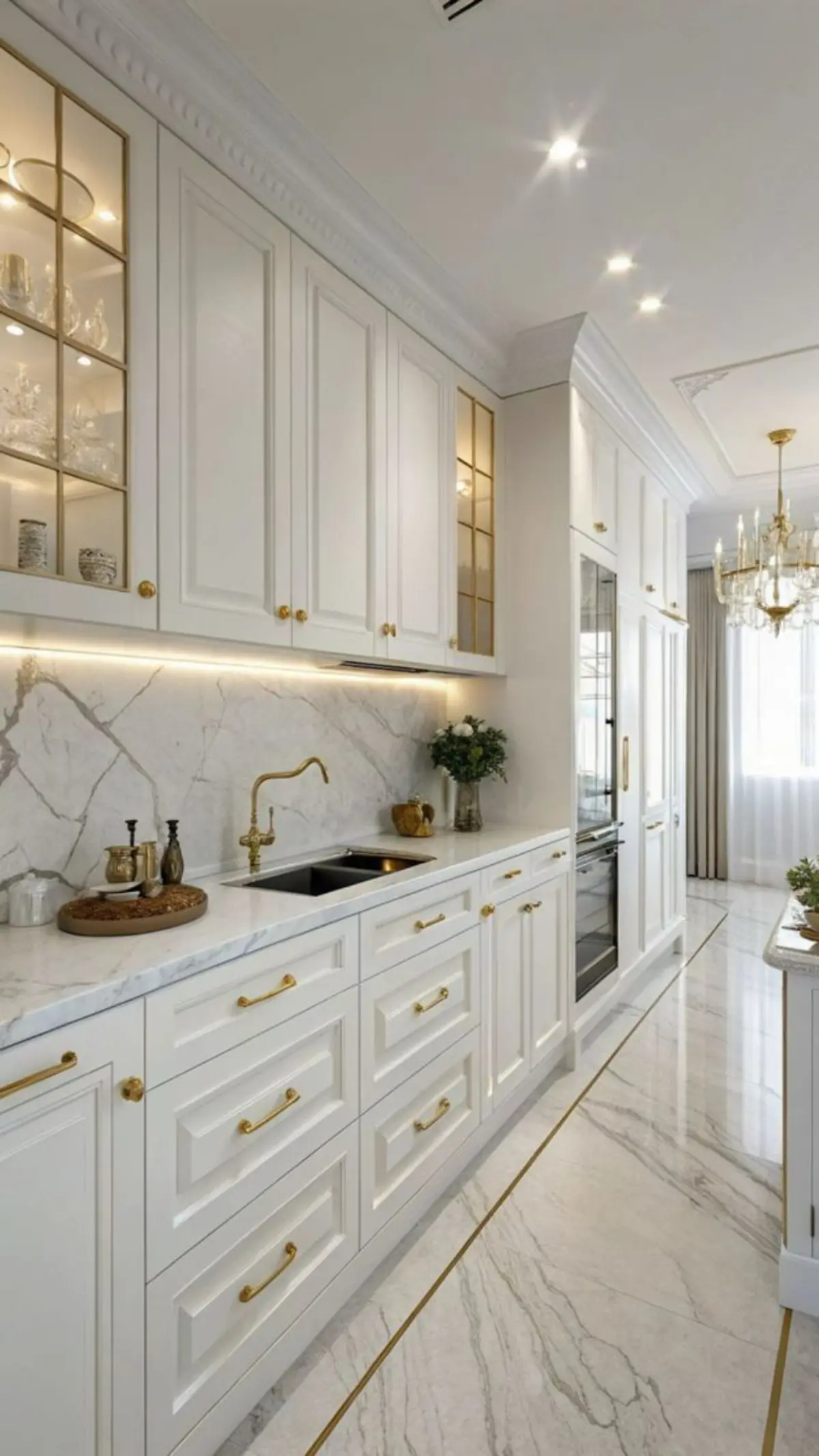 کابینت نئوکلاسیک سفید طلایی با درب ویترینی