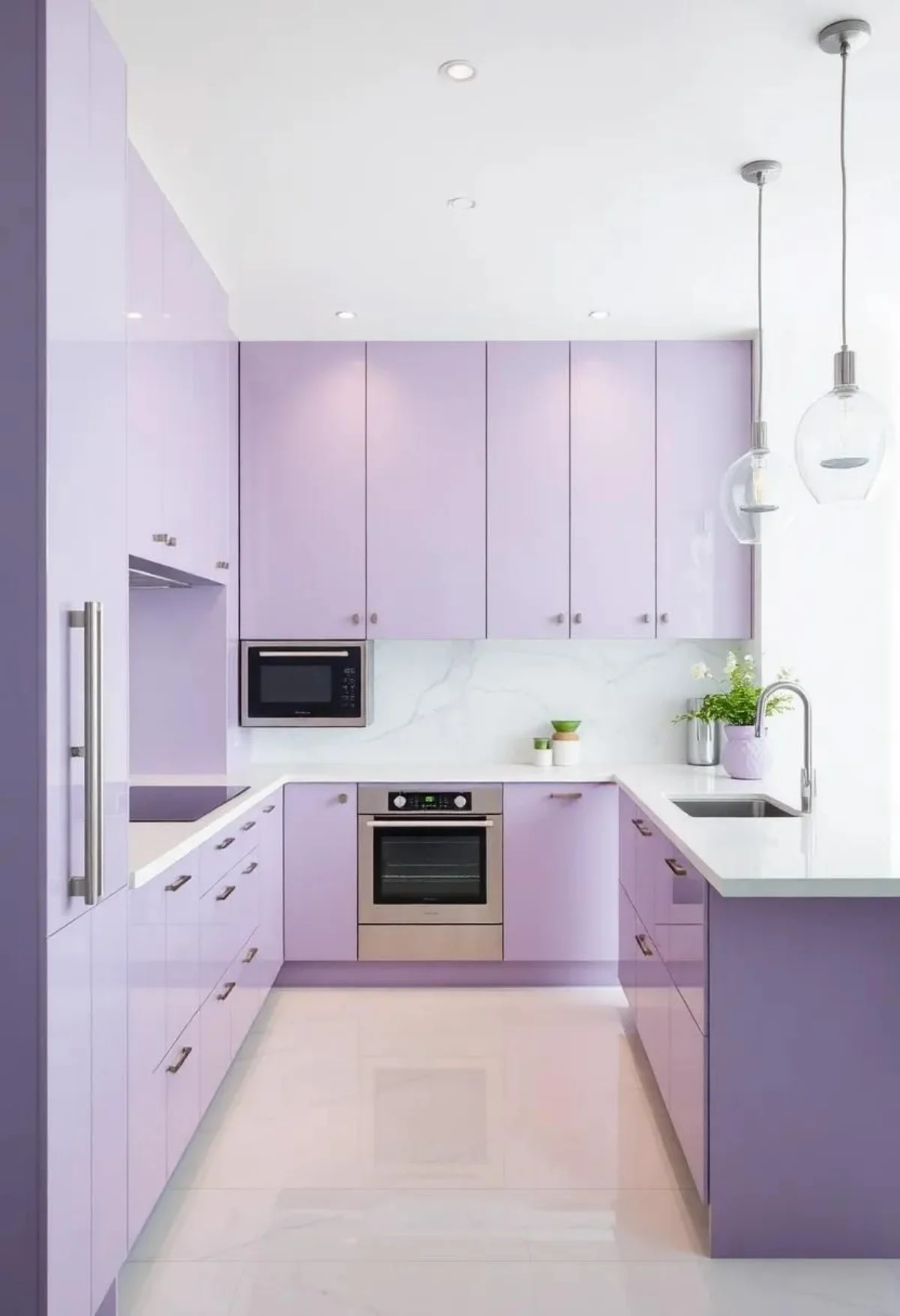 کابینت بنفش کمرنگ هایگلاس با دستگیره استیل به همراه جزیره