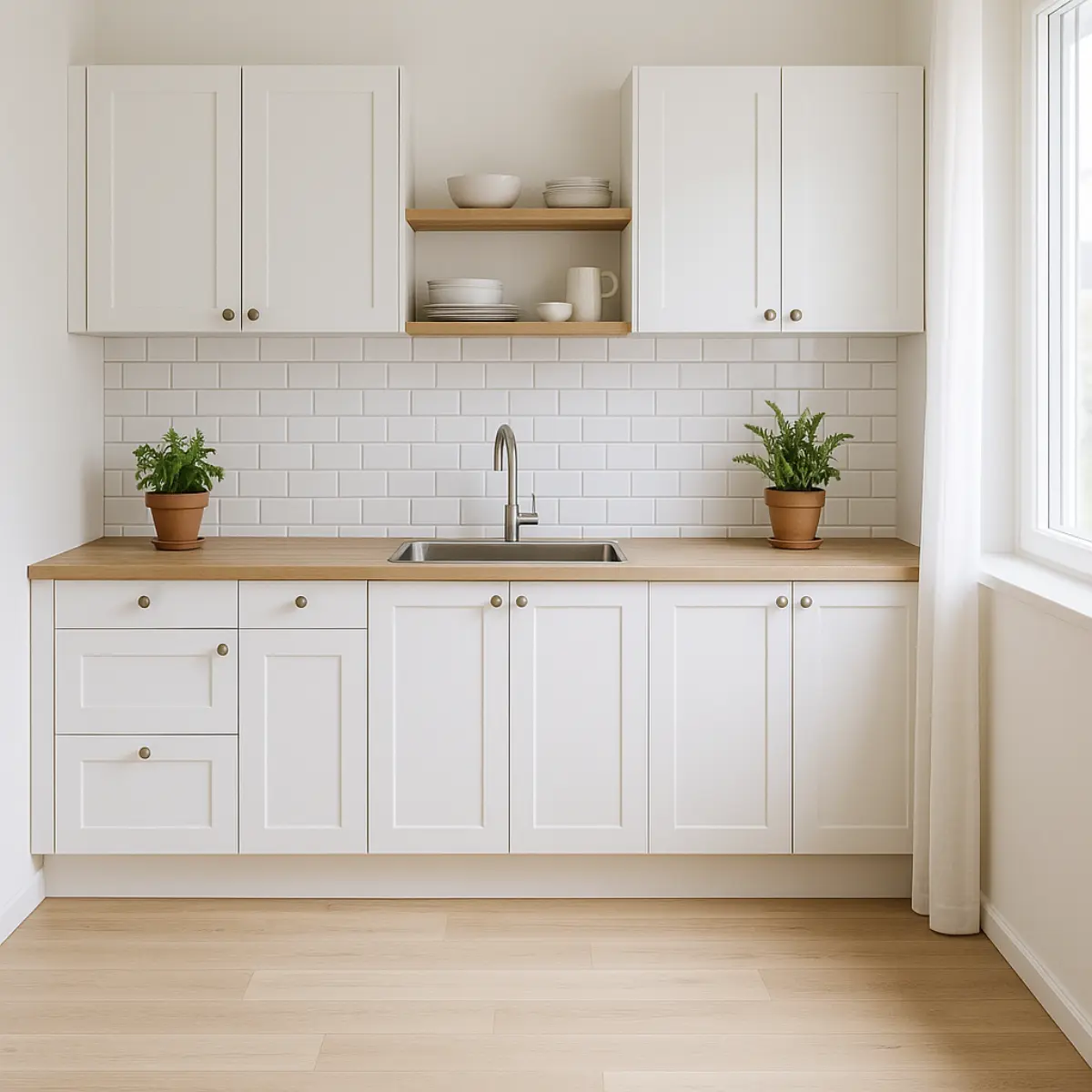کابینت اسکاندیناوی سفید با صفحه کابینت چوبی