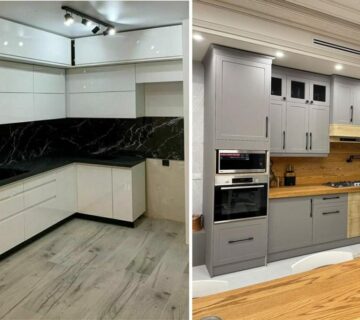 تصویر شاخص دو آشپزخانه با کابینت نئوکلاسیک طوسی با دستگیره مشکی و کابینت مدرن سفید با صفحه کابینت مشکی