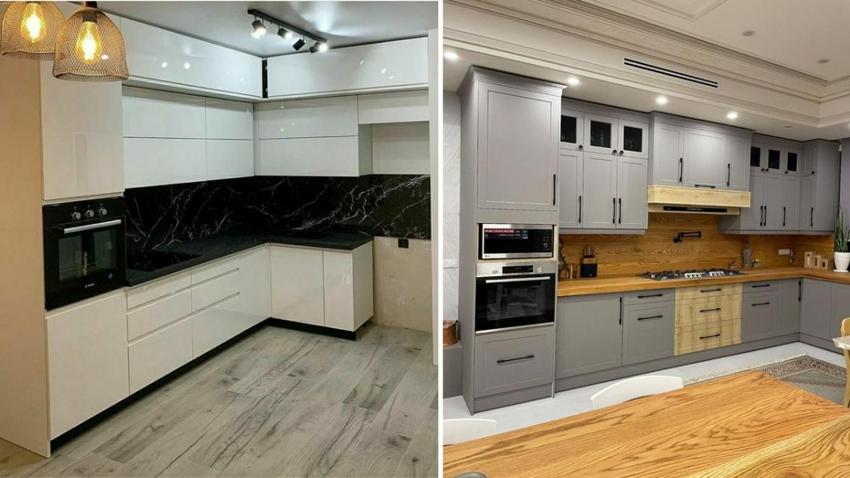 تصویر شاخص دو آشپزخانه با کابینت نئوکلاسیک طوسی با دستگیره مشکی و کابینت مدرن سفید با صفحه کابینت مشکی