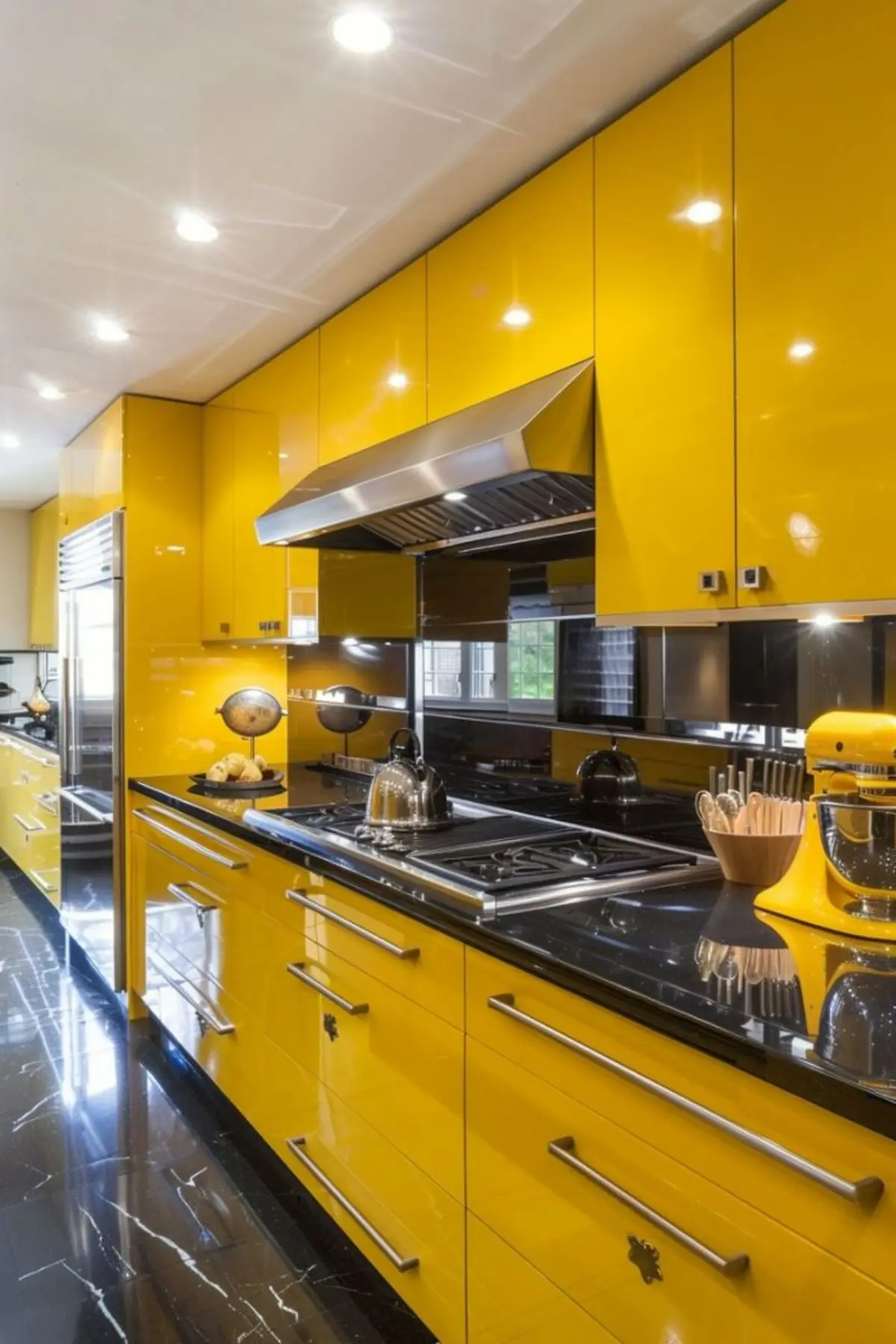 کابینت هایگلاس زرد با دستگیره استیل