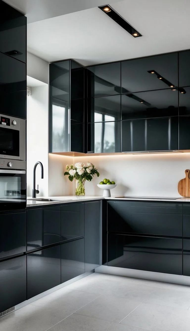 کابینت هایگلاس مشکی براق بدون دستگیره