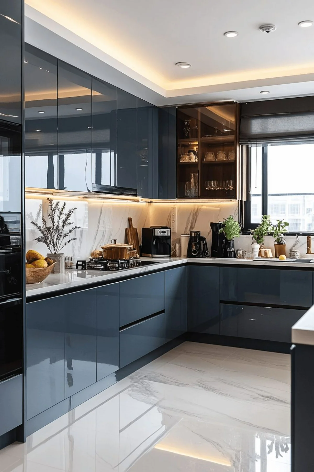 کابینت هایگلاس آبی تیره بدون دستگیره با صفحه کابینت سفید