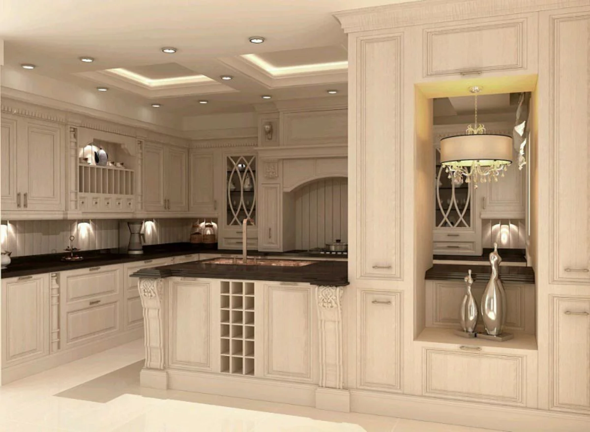 کابینت کلاسیک چوبی با کانتر با صفحه کانتر مشکی