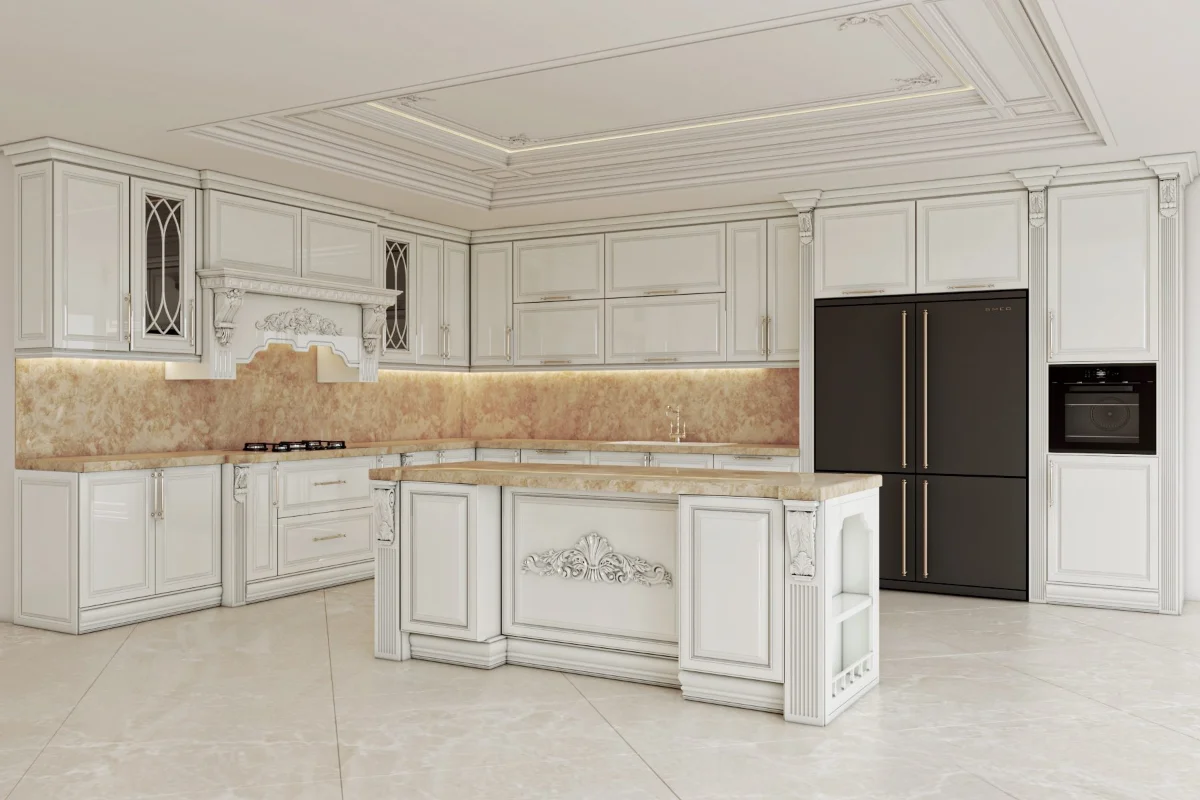 کابینت کلاسیک سفید با کفپوش سرامیکی سفید و نورپردازی مخفی بین کابینت