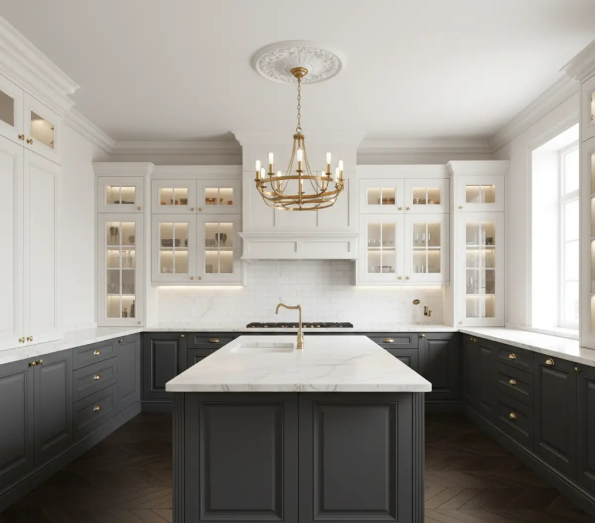 کابینت کلاسیک طوسی سفید با سنگ صفحه کابینت مرمر و دستگیره های برنجی