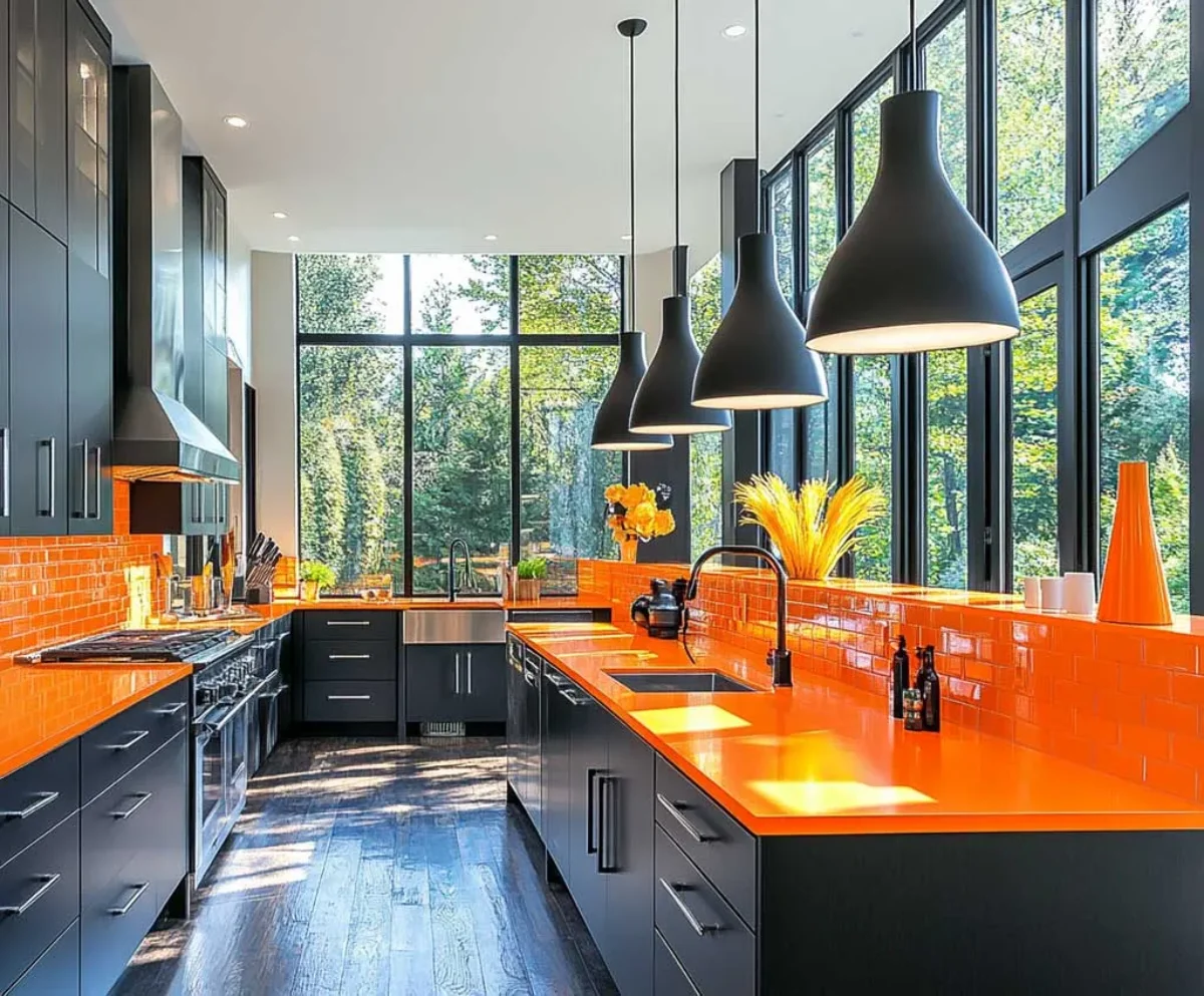 ترکیب کابینت مدرن مشکی و نارنجی با لوستر و متریال مشکی