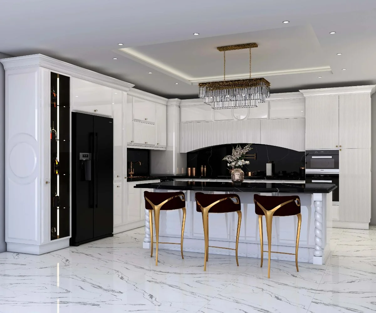 کابینت انزو سفید در طراحی آشپزخانه روشن و لوکس