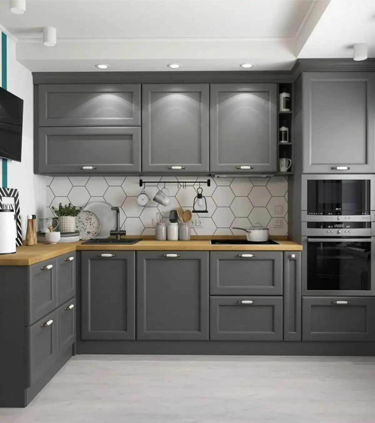 کابینت نئوکلاسیک طوسی با صفحه کابینت چوبی و نور زیرکابینتی