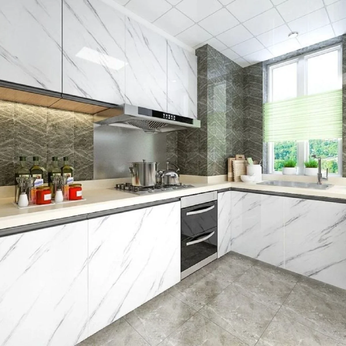 کابینت با روکش هایگلاس سفید براق و با  طرح سنگ