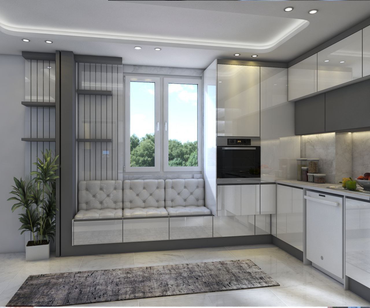 کابینت هایگلاس سفید و طوسی و ترکیب مدل های براق و مات