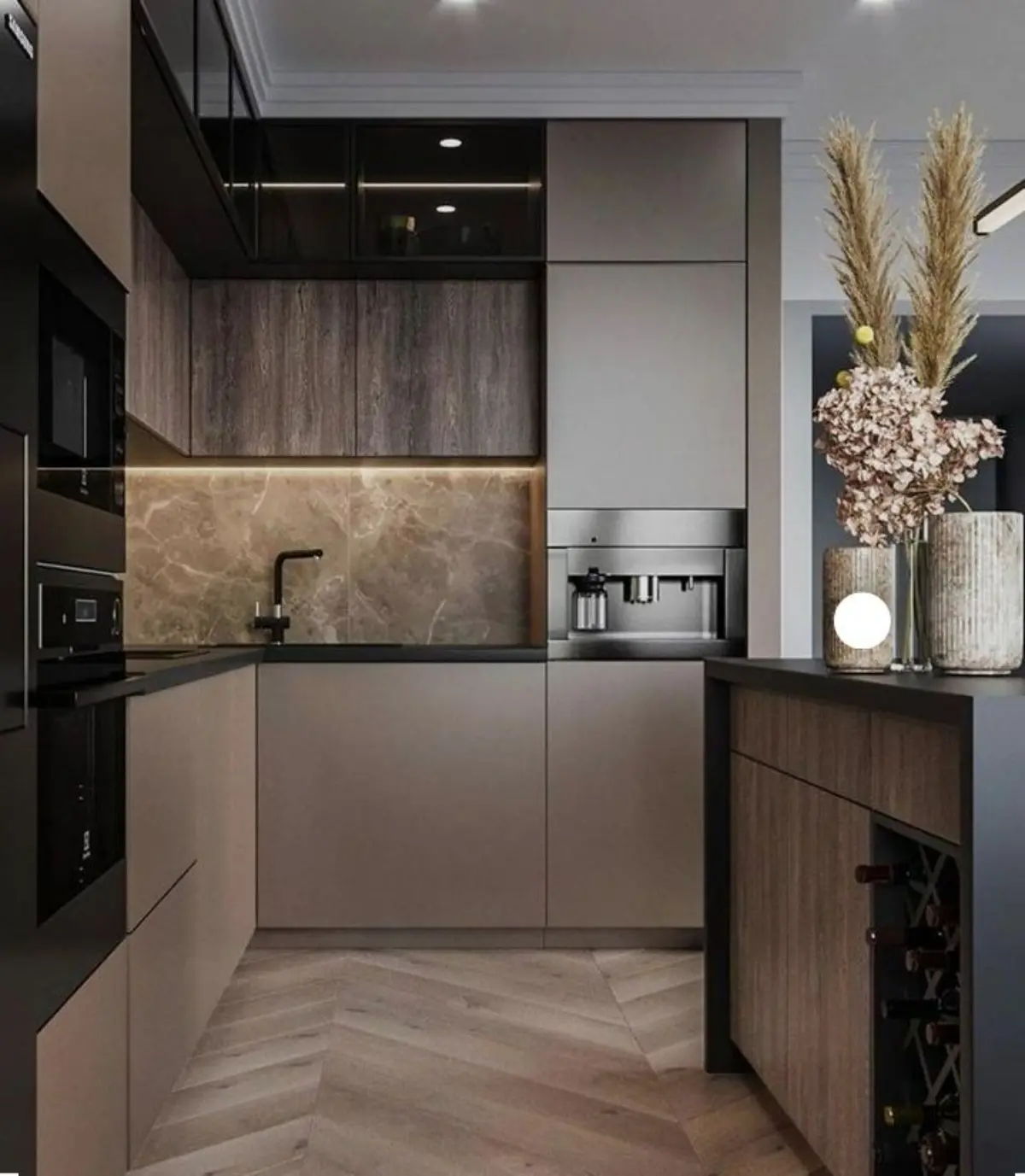 کابینت ام دی اف و جزیره به رنگ بژ و طرح چوب در سبک مدرن بدون دستگیره