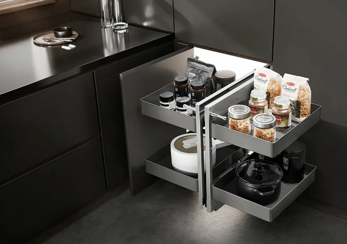 کابینت مدرن مشکی کنج با طبقات کشویی