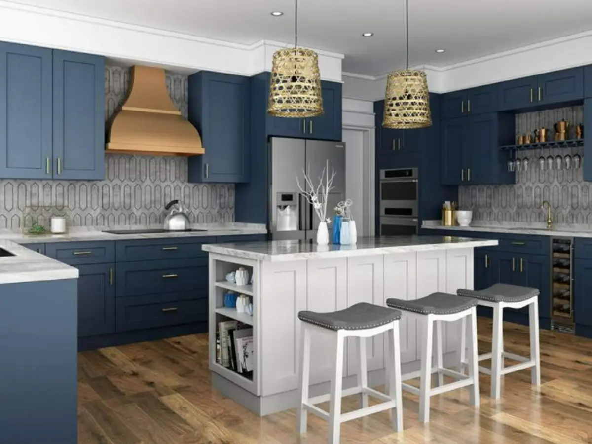 کابینت و جزیره پلی اورتان نئوکلاسیک آبی و سفید