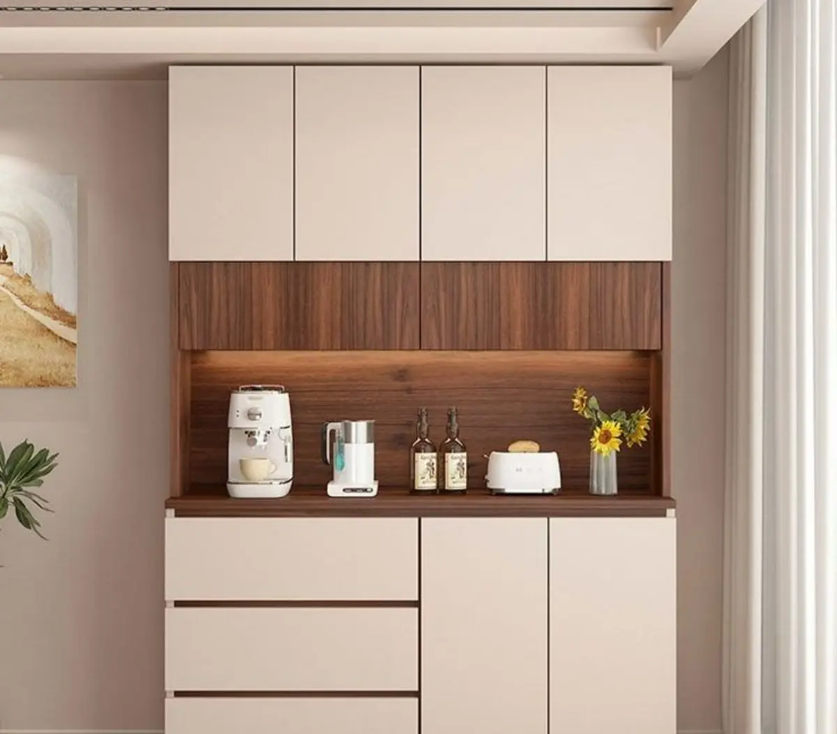 کابینت ام دی اف سفید بدون دستگیره با بین‌کابینتی طرح چوب