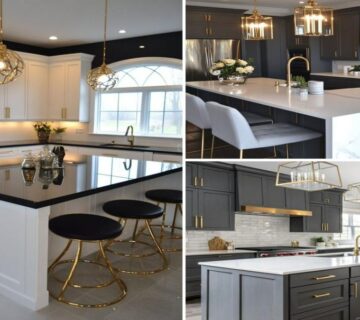 عکس شاخص کابینت پلی اورتان نئوکلاسیک سفید، طوسی با جزیره