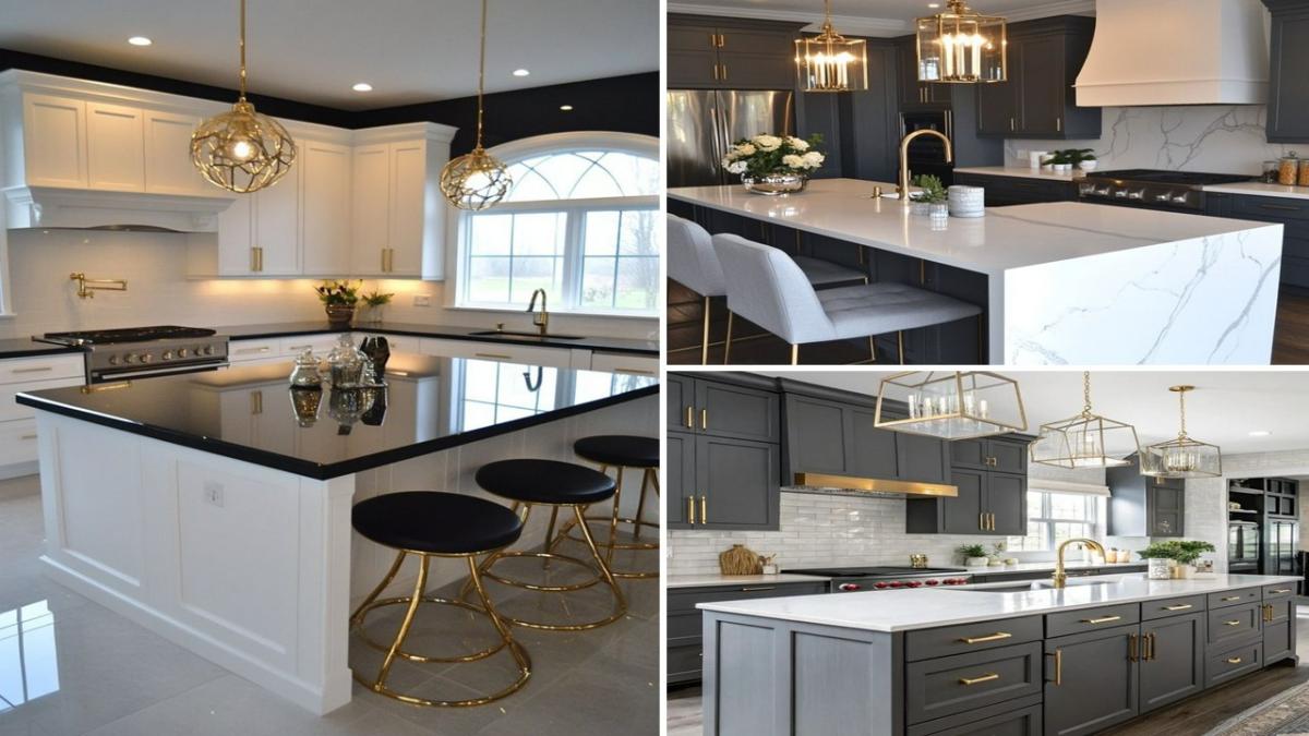 عکس شاخص کابینت پلی اورتان نئوکلاسیک سفید، طوسی با جزیره