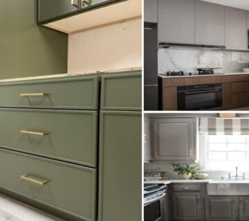 کابینت نئوکلاسیک سبز پلی اورتان، کابینت ملامینه مدرن سفید قهوه‌ای و کابینت ممبران طوسی