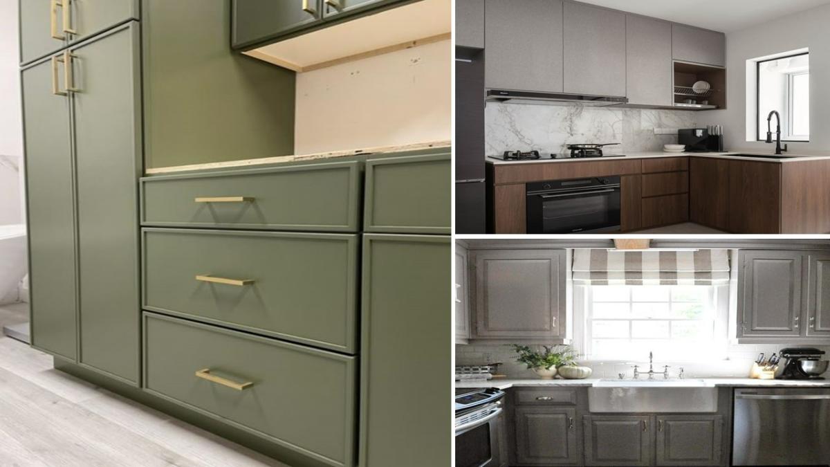 کابینت نئوکلاسیک سبز پلی اورتان، کابینت ملامینه مدرن سفید قهوه‌ای و کابینت ممبران طوسی